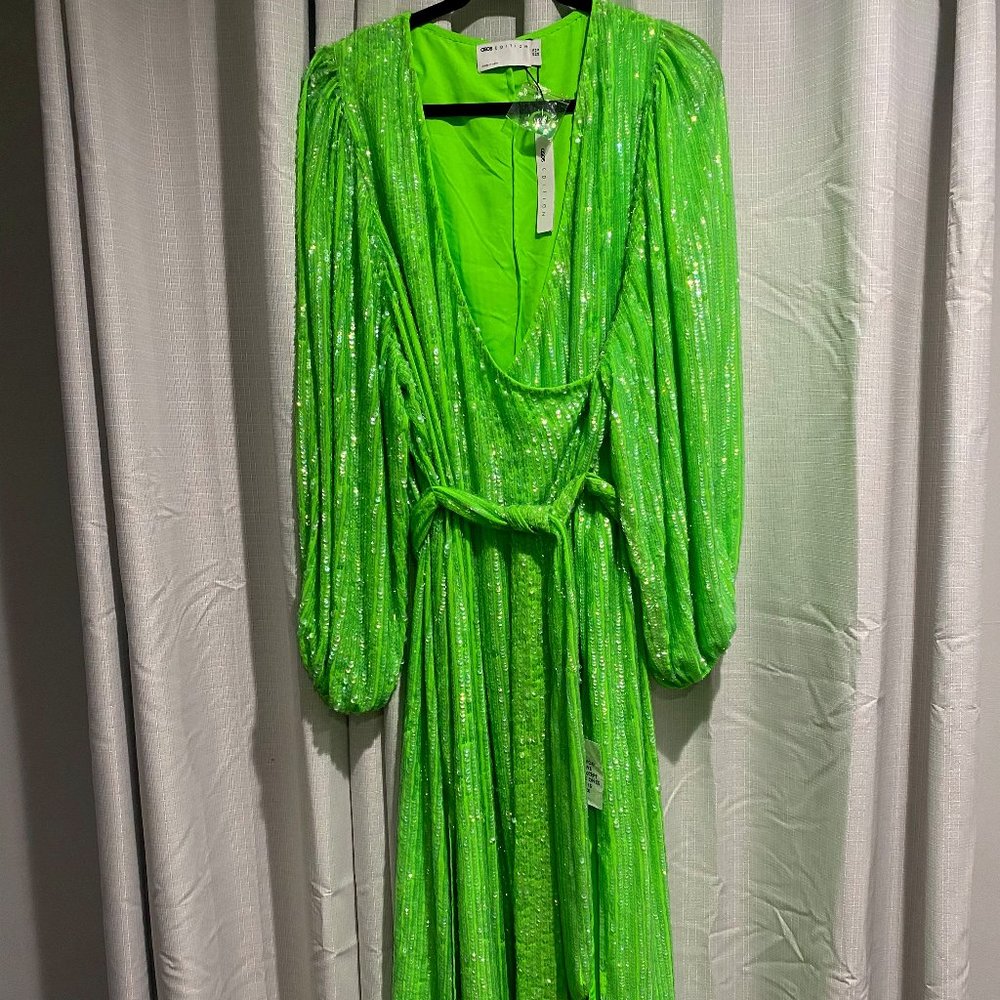 ASOS EDITION crystal sequin wrap midi dress with blouson sleeve in lime green